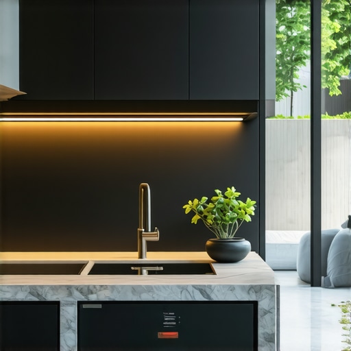 Futuristic Kitchen with Built-In Cabinets A sleek, modern kitchen featuring built-in cabinets with smart lighting and charging stations
