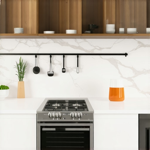 Interior of a modern kitchen featuring custom cabinets, pull-out shelves, and innovative storage.