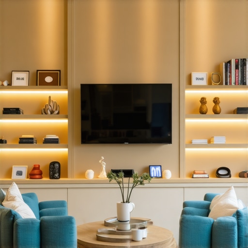 A contemporary living room showcasing customized built-in shelves with lighting and decor