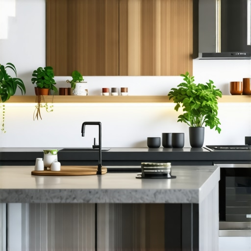 Modern kitchen featuring custom built-in cabinets with integrated lighting and smart storage solutions