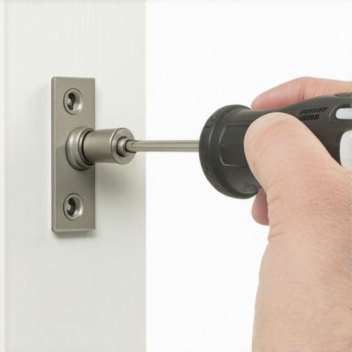 Person tweaking the tension screw on a modern kitchen hinge with a screwdriver