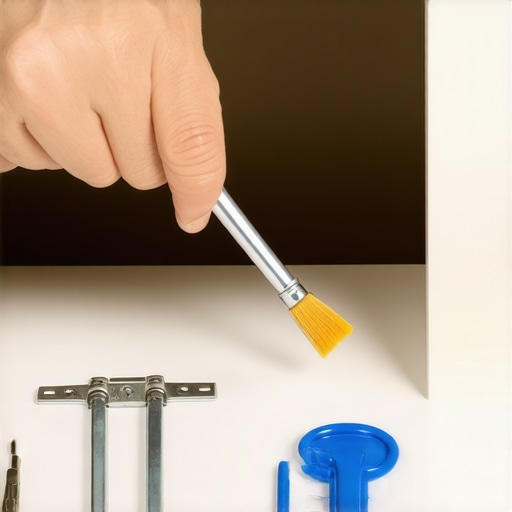 Person lubricating cabinet hinges with silicone spray in a modern kitchen.