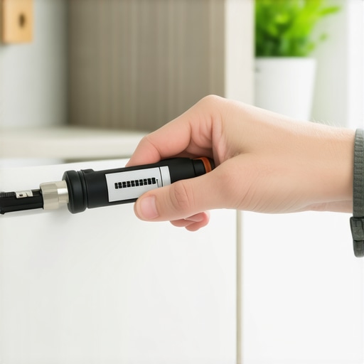 Calibrating cabinet hinges for smooth operation Technician adjusting a soft-close hinge with a calibration tool in a sleek kitchen