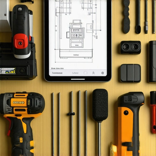 Home workshop with professional tools and digital design plans for kitchen renovation.