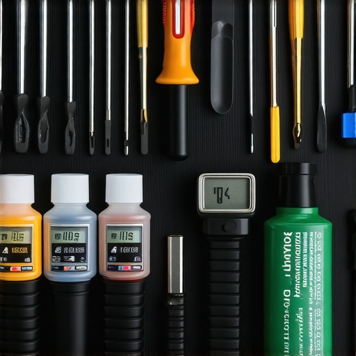 A collection of tools and devices used for maintaining built-ins and cabinets on a workbench.