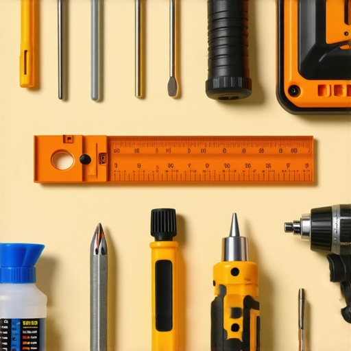 Handyman tools like screwdrivers, level, lubricant, and drill on a workbench for kitchen cabinet upkeep.