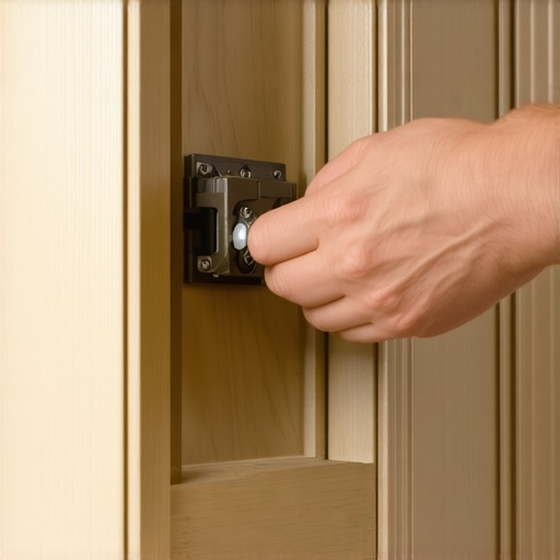 Hinge Adjustment for Long-Term Durability Person tightening cabinet hinge with a screwdriver and level