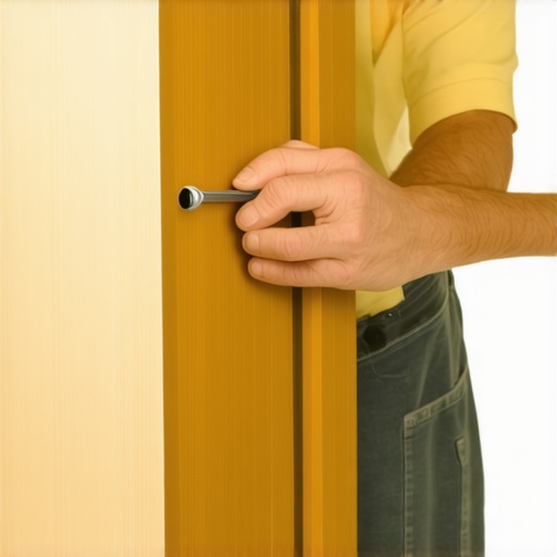 A hand adjusting a hinge with a specialized alignment tool on a modern kitchen cabinet door