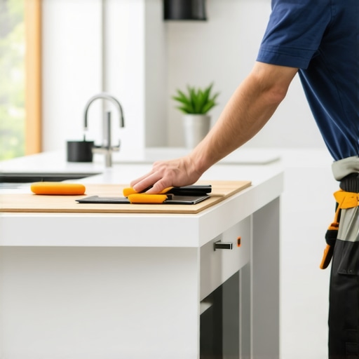 A professional installing electrical outlets into a sleek kitchen island with hidden wiring