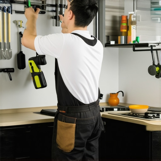A homeowner attaching a pull-down shelf in a kitchen cabinet with tools and hardware nearby.