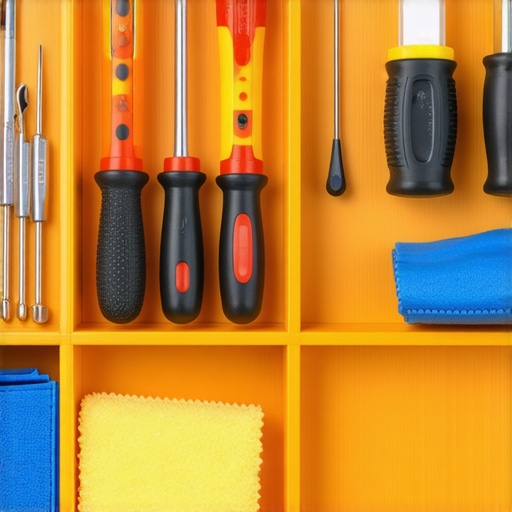 Drawer with organized screwdrivers and cleaning supplies for cabinetry upkeep.
