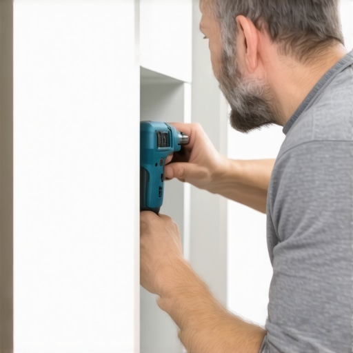 A person using a digital torque screwdriver to adjust cabinet hinges in a sleek, modern kitchen.