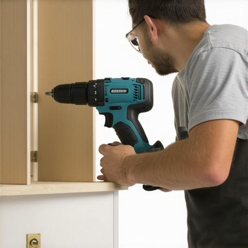 Precision Tool for Cabinet Maintenance Person tightening cabinet hinge with cordless drill in kitchen workshop