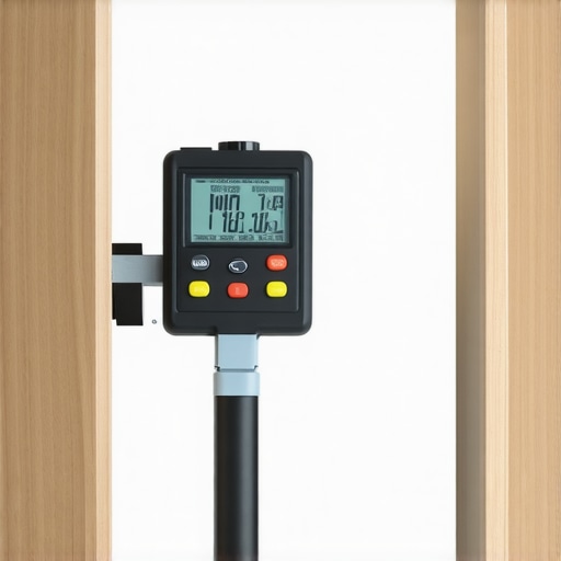 A digital angle finder measuring the corner of a kitchen cabinet for precise installation