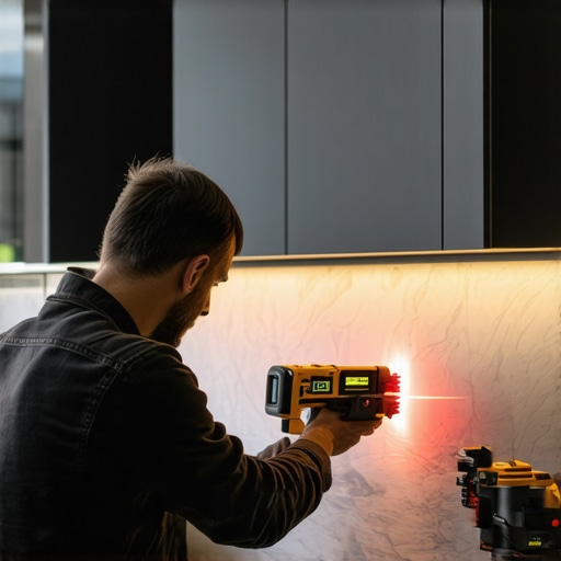 Precision Tools for Kitchen Maintenance Person using laser level to align cabinets in a contemporary kitchen.