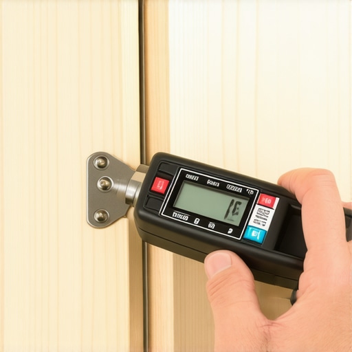 Technician adjusting kitchen cabinet hinges with a digital measurement tool.