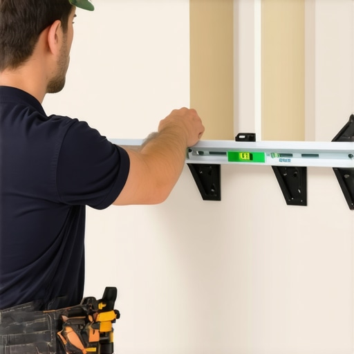 Person installing wall cabinets with support brackets and level