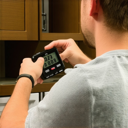 Using a Digital Tension Gauge for Cabinet Maintenance A person measuring cabinet hinge tension with a digital gauge in a sleek kitchen.