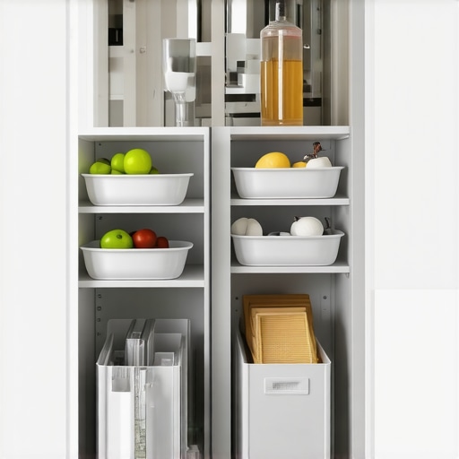 organized pantry with pull-out storage Pantry with deep shelves equipped with sleek pull-out systems showcasing neat storage
