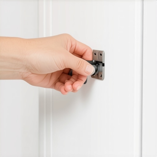 Person using a screwdriver to tighten cabinet hinge in a kitchen.