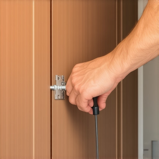 Person with screwdriver adjusting cabinet hinges in a sleek kitchen