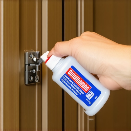 A person lubricating cabinet hinges with a silicone spray in a contemporary kitchen setting.