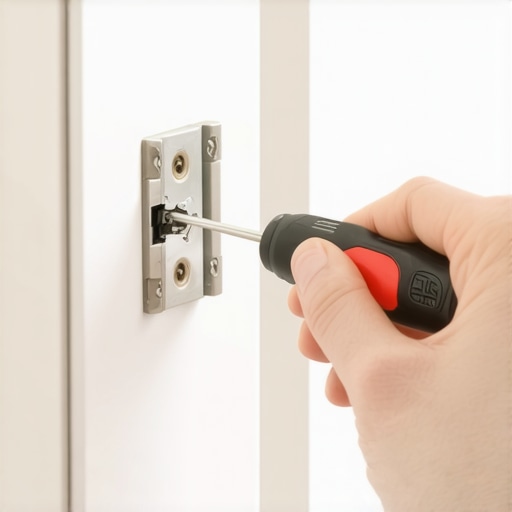 A person using a small screwdriver to lubricate kitchen cabinet hinges for maintenance.