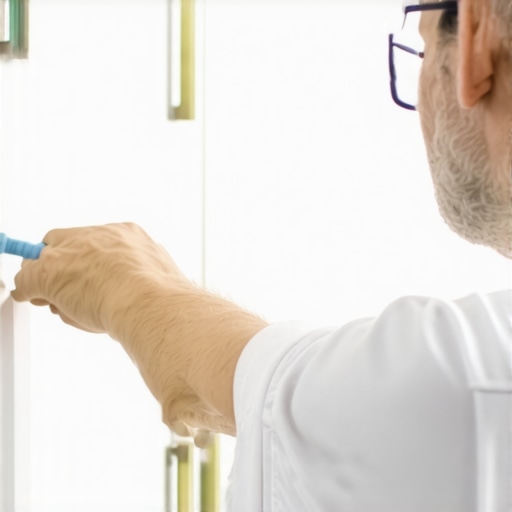 Person lubricating cabinet hinges with silicone spray to prevent squeaking and sticking