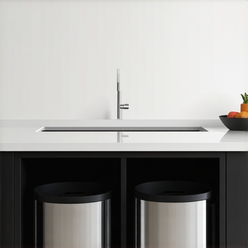 Modern kitchen with integrated dual-compartment trash bins in custom cabinetry.