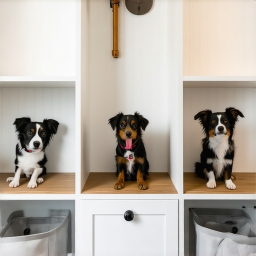 Built-in Pet Station Design A well-organized built-in pet station with hooks, drawers, and muddy paw prints on the floor