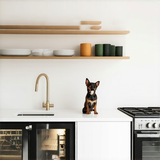 A modern kitchen featuring a hidden pet station with custom cabinets and pull-out storage