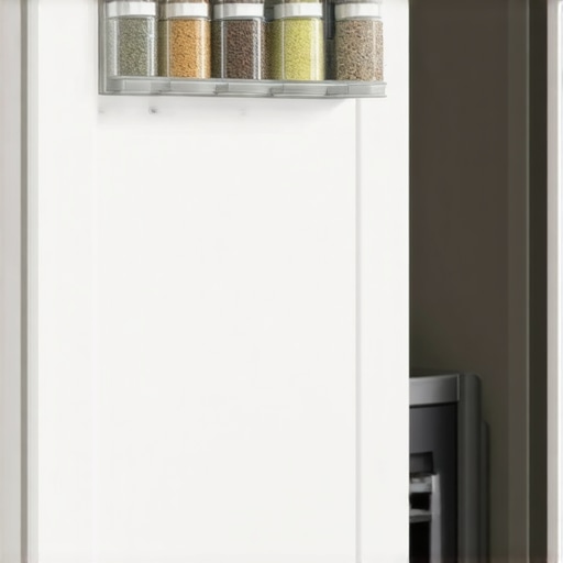 Close-up view of a magnetic spice rack inside a kitchen cabinet door with attached spice jars.