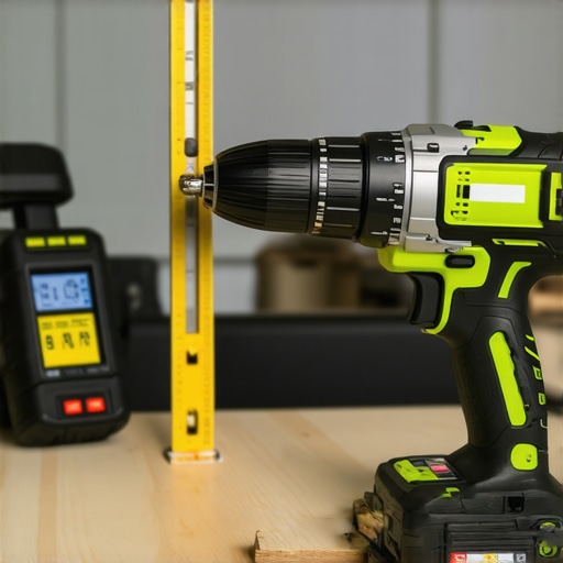 Tools including cordless drill, laser level, and digital measure for kitchen upkeep
