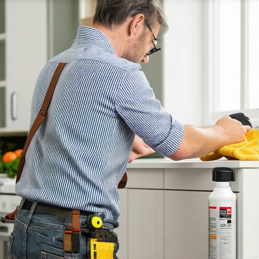 Home Maintenance of Custom Cabinets A person using precision tools to maintain kitchen cabinets