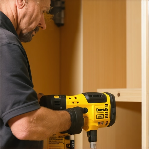 A person maintaining built-in cabinetry using a cordless oscillating multi-tool in a modern kitchen.