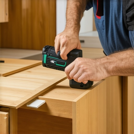Person using a cordless multi-tool to clean and inspect kitchen cabinet hinges and hardware.