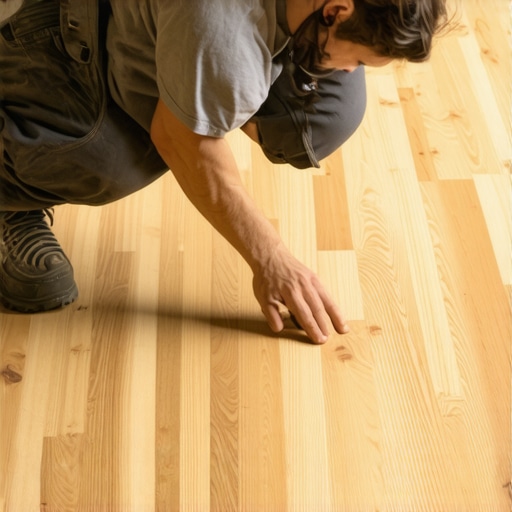 Close-up of hands securing shims under kitchen cabinets to level them on an uneven hardwood floor