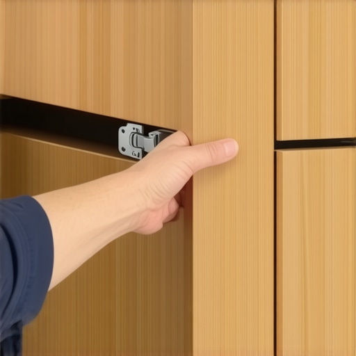Close-up of a person attaching a heavy-duty titanium hinge to a kitchen cabinet door, showcasing precision hardware installation.