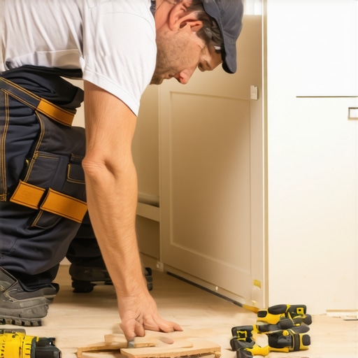 Leveling Cabinets on a Sloped Floor A person placing and adjusting shims under a cabinet to level it on an uneven floor.