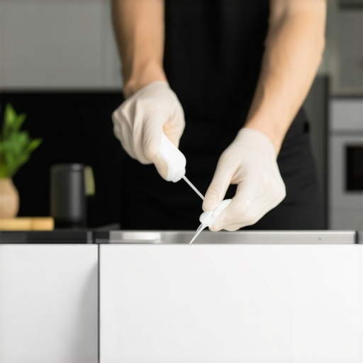 Person applying silicone spray on a kitchen drawer slide to prevent sticking