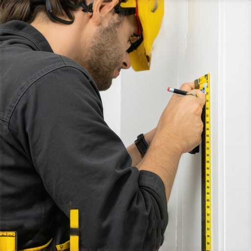 Person measuring wall for cleat support installation in mudroom