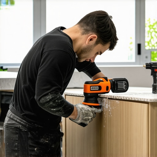 A craftsman delicately sanding a wooden kitchen cabinet with a Fein MultiMaster tool to maintain its finish.