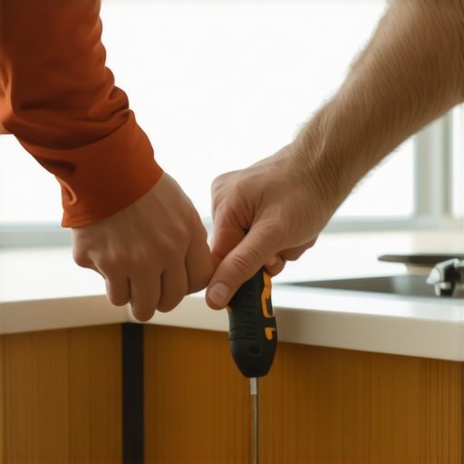 Close-up of a hand tightening a cabinet hinge with a torque screwdriver in a modern kitchen