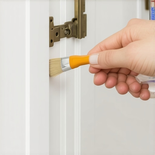 A handyman lubricating cabinet hinges with a silicone spray for smooth operation