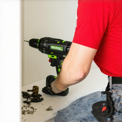 A homeowner using specialized tools to inspect and maintain built-in cabinetry.