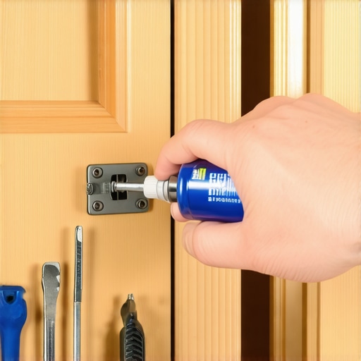Person lubricating cabinet hinge to ensure smooth operation