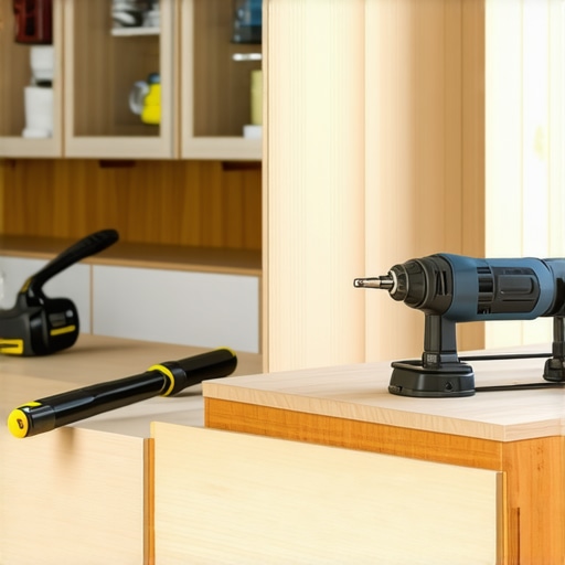 Close-up photo showing a person installing cabinet panels using screws and a spirit level for alignment