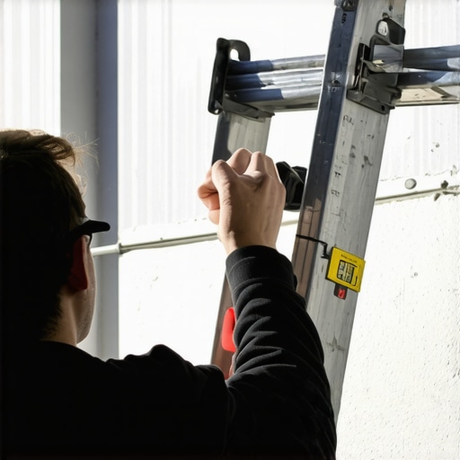 A person securely attaching a metal ladder rail to a wall using anchors and a level