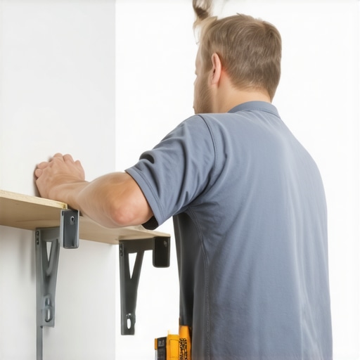 Reinforcing Kitchen Shelf with Support Brackets A handyman installing new support brackets beneath a sagging kitchen shelf
