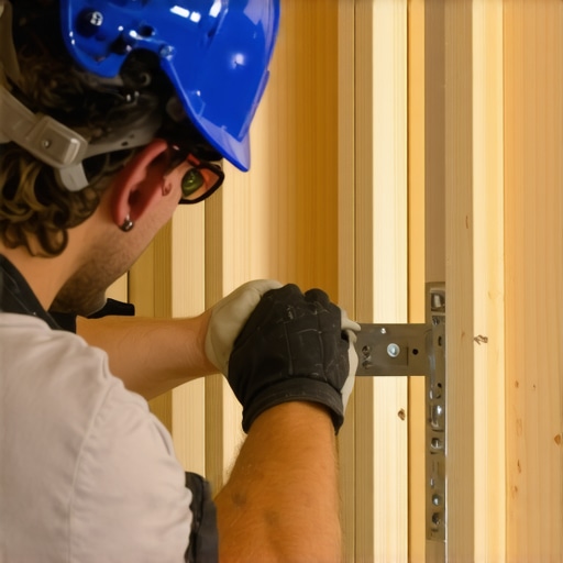 Carpenter installing metal brackets on wall studs to support heavy cabinets